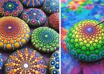 Une artiste crée des mandalas colorés en peignant des galets avec des milliers de petits points