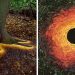 Un homme arrange des feuilles, des bâtons et des pierres pour créer des œuvres de land art magiques