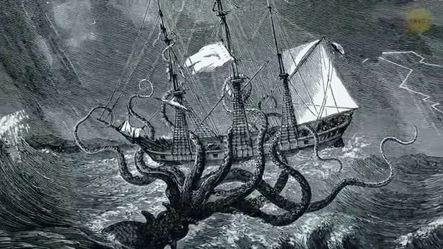 Dessin ancien montrant un Kraken attaquant un navire en bois