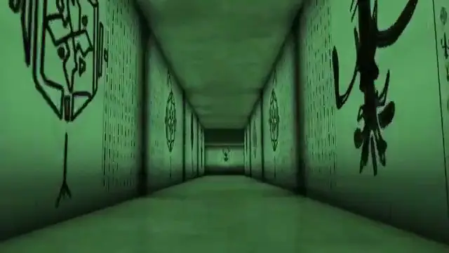 Vue d'artiste du couloir vert avec hiéroglyphes