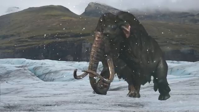 Représentation réaliste d'un mammouth laineux dans son habitat enneigé