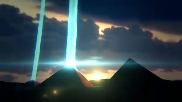 Animation 3D illustrant des pyramides émettant de puissants faisceaux d'énergie vers le ciel.