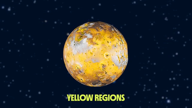 Carte colorée d'Io détaillant les différentes formations de soufre (jaune, rouge, vert, blanc et bleu).