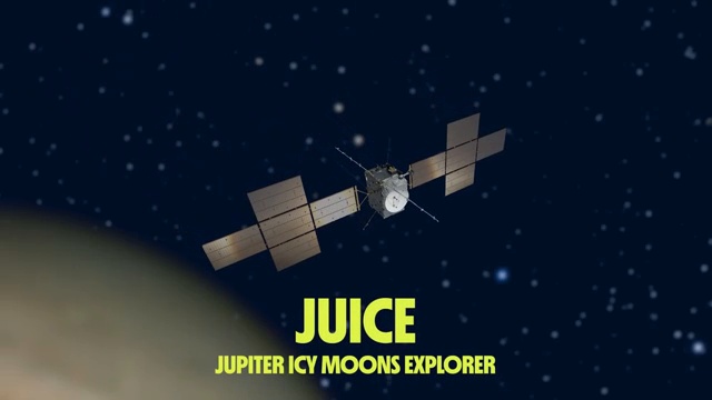 Animation de la sonde spatiale JUICE (Jupiter Icy Moons Explorer) en vol.