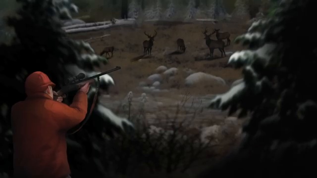 Reconstitution de Carl Higdon visant les élans avec son fusil dans la forêt enneigée.