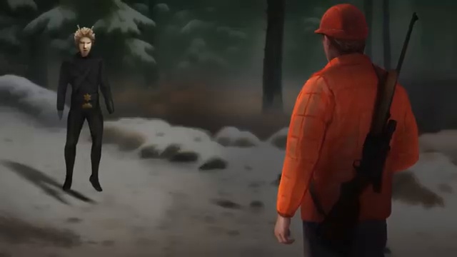 L'entité humanoïde'Ausso One' en combinaison noire face à Carl Higdon.