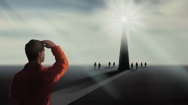 La mystérieuse tour lumineuse entourée d'humains dans l'environnement extraterrestre.