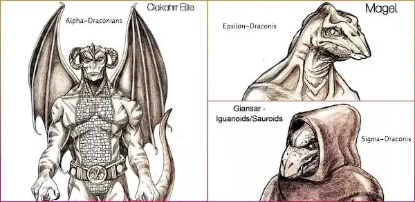 Représentation artistique mettant en scène des êtres extraterrestres dragonien, représentatifs des différentes races extraterrestres originaires des systèmes Alpha, Epsilon et Sigma dans la constellation du Dragon.