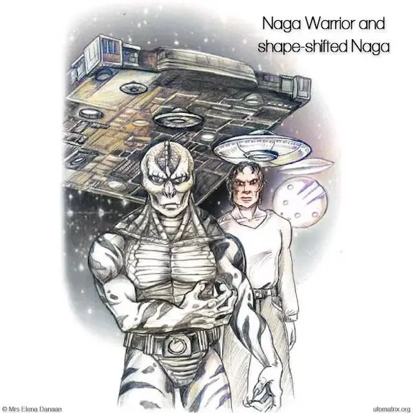 Une représentation artistique mettant en scène les Nagai et les Nagari, redoutables guerriers reptiliens métamorphes, avec en toile de fond un imposant vaisseau-mère extraterrestre et des vaisseaux éclaireurs, mettant en valeur leur présence et leur technologie avancée dans le domaine extraterrestre.