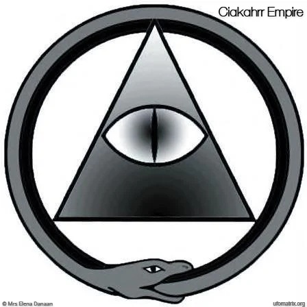 Image représentant l'empire Ciakahrr, avec le symbole de l'Ouroboros, qui symbolise les cycles éternels et le pouvoir dans le contexte de la civilisation reptilienne Ciakahrr.