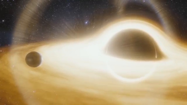 Animation spatiale illustrant un système planétaire avec un trou noir ou un soleil, représentant l'orbite hypothétique de la planète Nibiru.