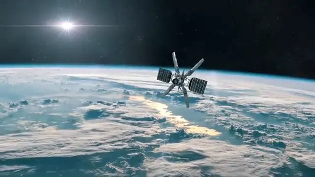 Vue d'un satellite en orbite autour de la Terre, symbolisant l'utilisation des technologies modernes (imagerie satellite, SETI) pour explorer notre passé et l'espace.