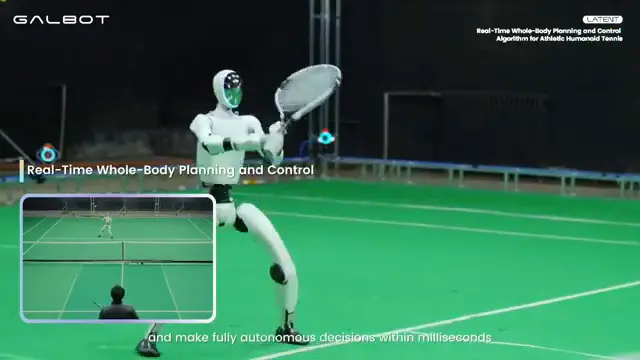 Le robot Unitree G1 équipé du système LATENT en train de retourner une balle de tennis.