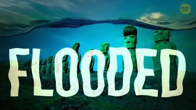 Simulation numérique alarmante montrant le célèbre site d'Ahu Tongariki et ses 15 Moaï inondés par la montée des eaux prévue d'ici 2080.