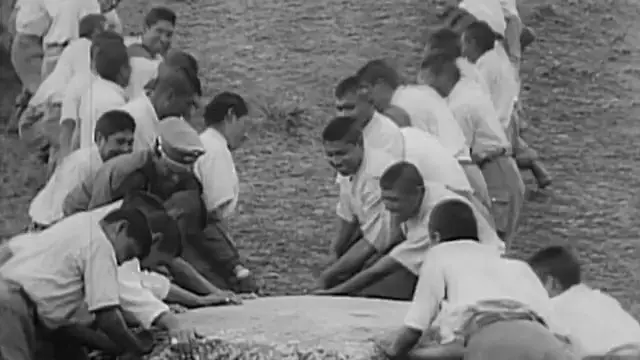 Images d'archives montrant l'armée bolivienne tentant de déplacer un bloc mégalithique avec des cordes en 1966.