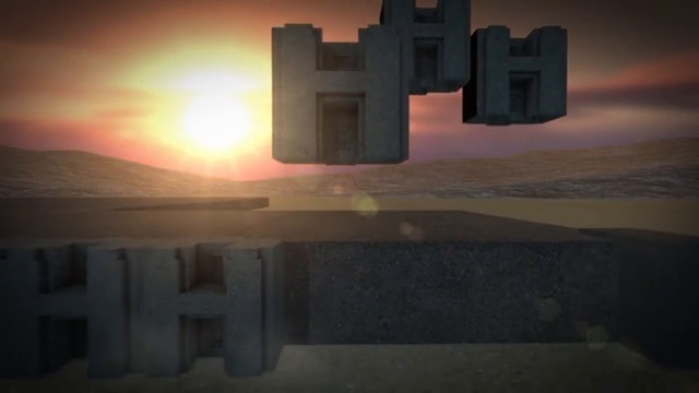 Animation illustrant la théorie de l'utilisation d'une technologie anti-gravité pour soulever les blocs de pierre.