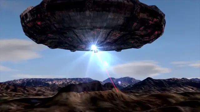 Animation illustrant la théorie d'une opération minière extraterrestre utilisant des faisceaux d'énergie sur le mont Palpa.