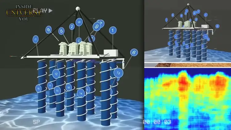 Modèle 3D illustrant la disposition des huit puits cylindriques verticaux avec des escaliers en colimaçon menant à des structures cubiques.