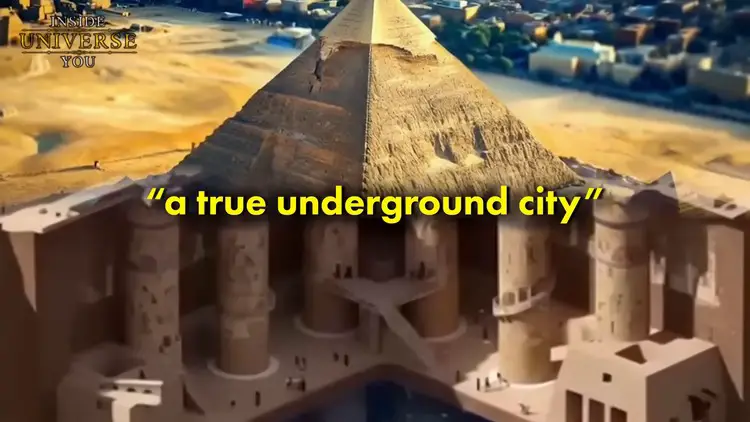 Représentation en coupe transversale de la pyramide révélant une'ville souterraine' complexe avec des niveaux et des colonnes.