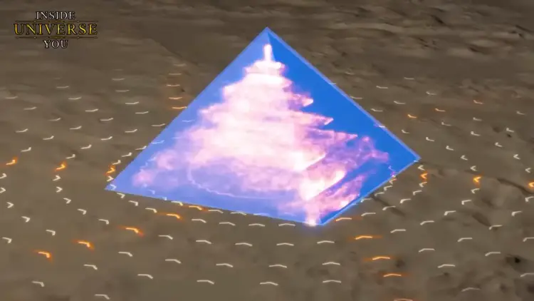 Schéma en coupe de la pyramide illustrant les ondes sonores ou vibratoires traversant les chambres souterraines.