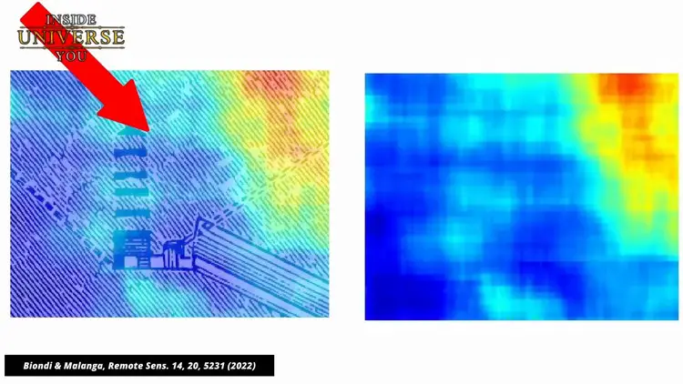 Visualisation par radar (SAR) montrant des anomalies structurelles et des cavités potentielles sous le plateau de Gizeh.