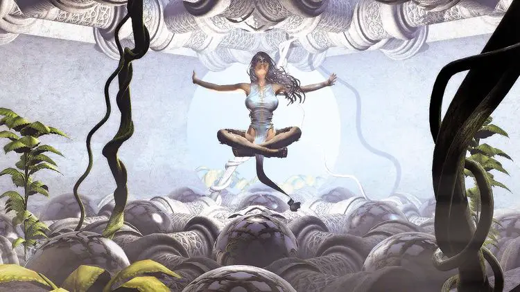 Représentation artistique d'une femme en profonde méditation, illustrant l'état de canalisation (channeling).