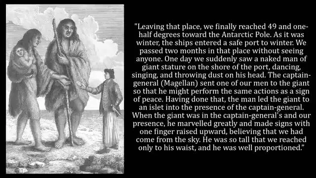 Illustration de l'explorateur Magellan rencontrant un géant en Patagonie