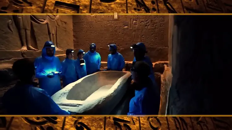 Une équipe d'archéologues en combinaison de protection examinant un sarcophage vide dans une chambre funéraire, illustrant la découverte du tombeau.