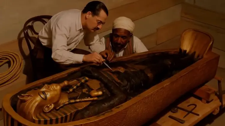 Reconstitution historique montrant Howard Carter et son équipe examinant la momie de Toutânkhamon.