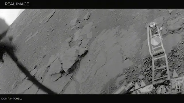 Image réelle en noir et blanc transmise par une sonde soviétique, montrant la surface rocheuse et accidentée de Vénus.