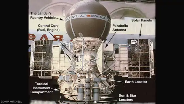 Photographie technique de l'atterrisseur Venera 9, détaillant sa structure complexe conçue pour résister aux conditions hostiles de la planète.
