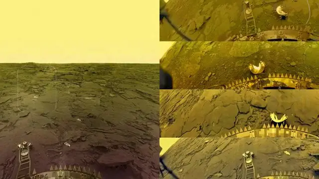 Vue panoramique en noir et blanc de la surface rocheuse de Vénus prise par la sonde Venera 13, montrant le sol rocailleux et une partie de la structure de l'atterrisseur.