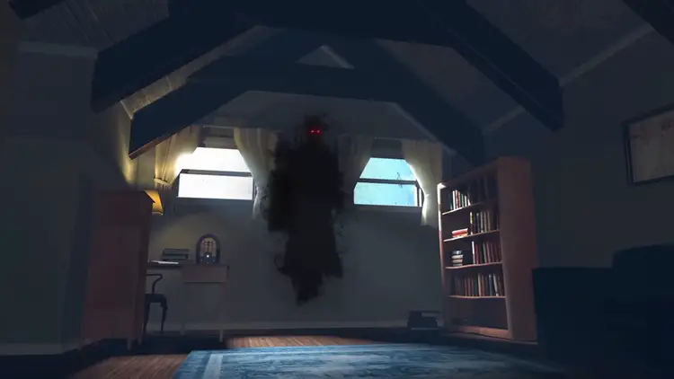 Reconstitution d'une silhouette sombre aux yeux rouges luisants, représentant les mystérieux'Hommes en Noir' décrits par Albert Bender.