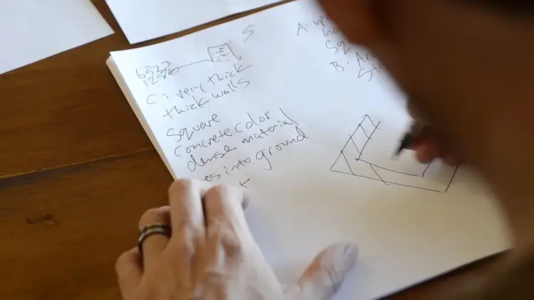 Vue d'une séance de'vision à distance' au ranch ECETI, où une participante dessine des formes géométriques perçues mentalement.