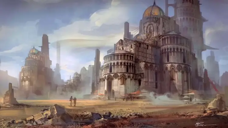 Représentation de la ville d'Iram avec ses piliers.