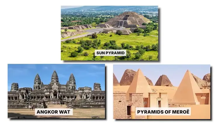 Comparaison de structures pyramidales au Mexique, au Cambodge et au Soudan, suggérant une origine commune issue d'une civilisation mondiale perdue.