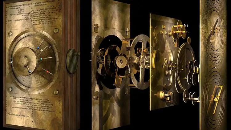 La machine d'Anticythère, un calculateur astronomique complexe datant de l'Antiquité.