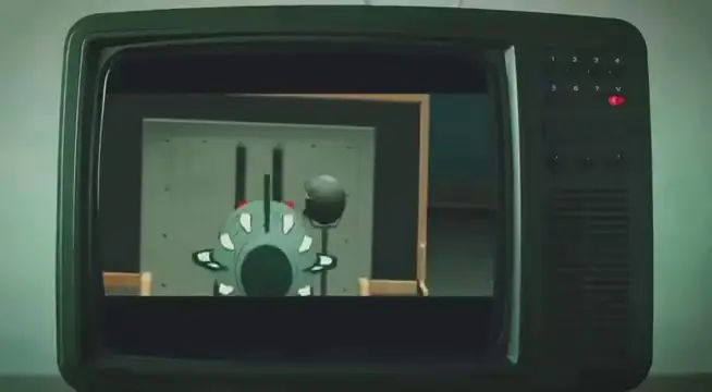 Illustration d'un détecteur (en forme d'œil robotique) observant les particules au niveau des fentes