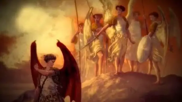 Illustration artistique représentant les anges déchus (les Veilleurs) descendant sur Terre.