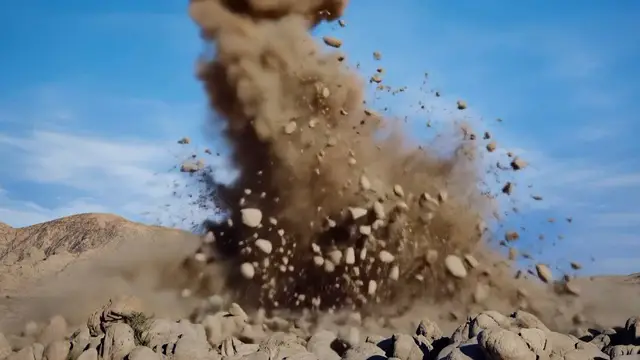 Explosion de poussière et de débris dans le désert, illustrant le moment où Merlin a entendu l'impact du crash.