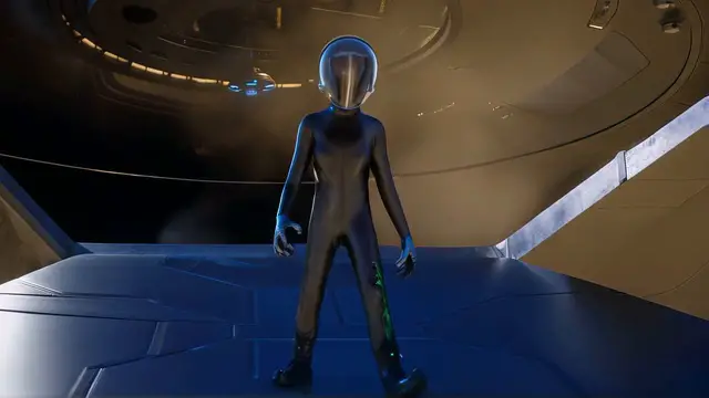 L'entité extraterrestre, surnommée Thug, sortant du vaisseau avec son équipement de protection.