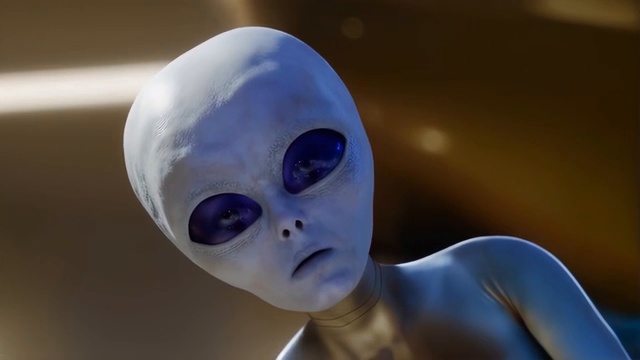 Gros plan sur le visage de l'extraterrestre, montrant ses grands yeux et ses traits distinctifs.