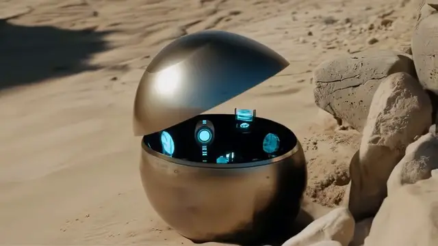 Le conteneur sphérique ouvert révélant l'équipement technologique utilisé par l'extraterrestre.