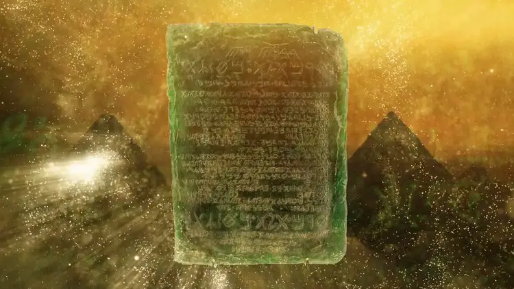 Représentation visuelle d'une tablette d'émeraude lumineuse flottant devant les pyramides, symbolisant la source des secrets alchimiques.