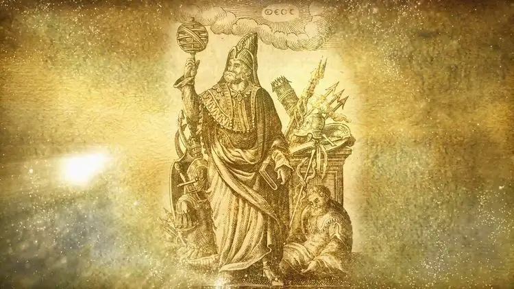 Gravure ancienne montrant un sage tenant une tablette ouverte, illustrant la transmission des secrets alchimiques.