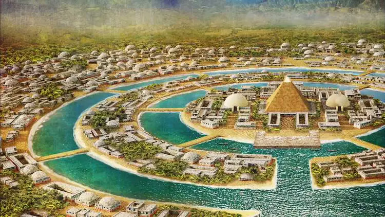 Illustration artistique d'une cité atlante circulaire avec une pyramide centrale, évoquant l'origine technologique et spirituelle de la civilisation.