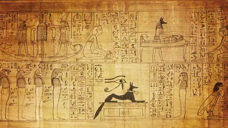 Détail d'un papyrus égyptien montrant des scènes du jugement des âmes, illustrant le passage vers les Halls de l'Amenti.