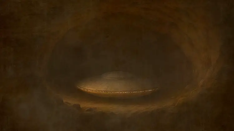 Illustration d'un vaisseau spatial en forme de disque enfoui dans une cavité souterraine sous le plateau de Gizeh.