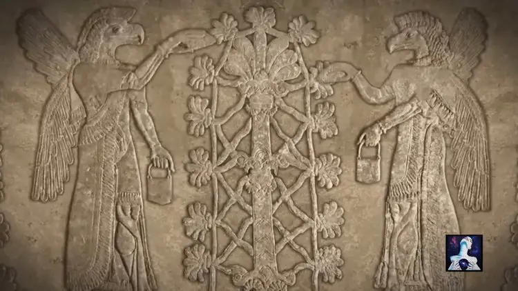 Gravure sumérienne d'un Anunnaki tenant une pomme de pin près d'un arbre en forme d'ADN