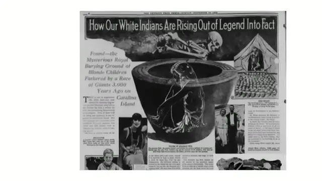 Coupure de presse historique intitulée'How Our White Indians Are Rising Out of Legend Into Fact', illustrant les découvertes archéologiques sur l'île de Catalina.